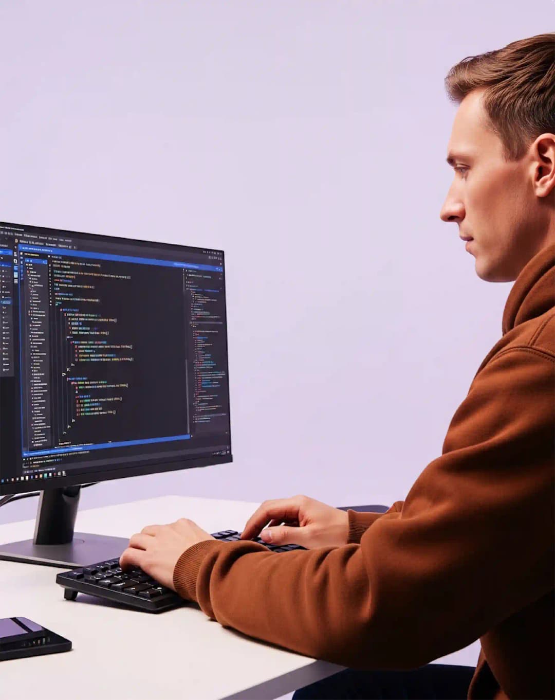 Web developer writing code on a desktop monitor for a custom website build