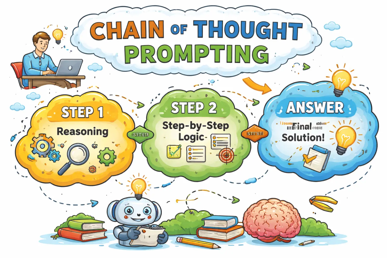 An infographic for chain-of-thought prompting showing how reasoning and Step-by-Step Logic can lead to a Final Solution