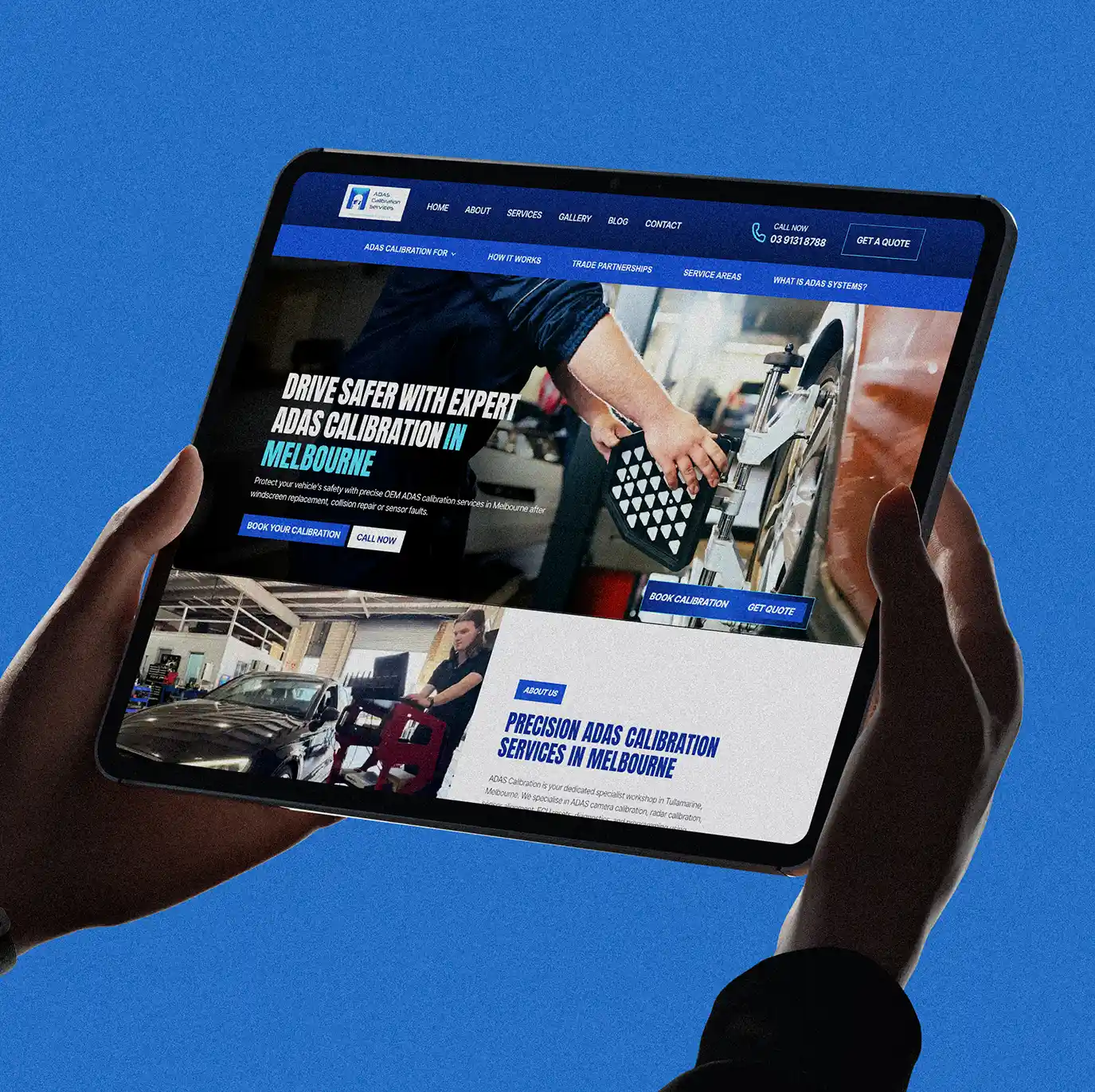 ADAS calibration services website design in Melbourne on a tablet device