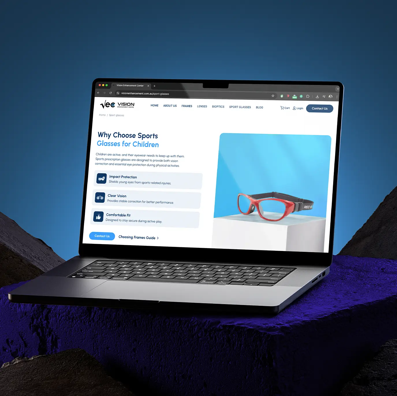  VEC website design and development project displayed on laptop showcasing children’s sports glasses eCommerce interface