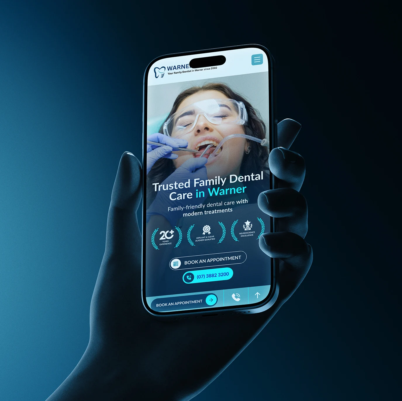 Warner Dental website design on mobile showing dental care services and responsive healthcare web development