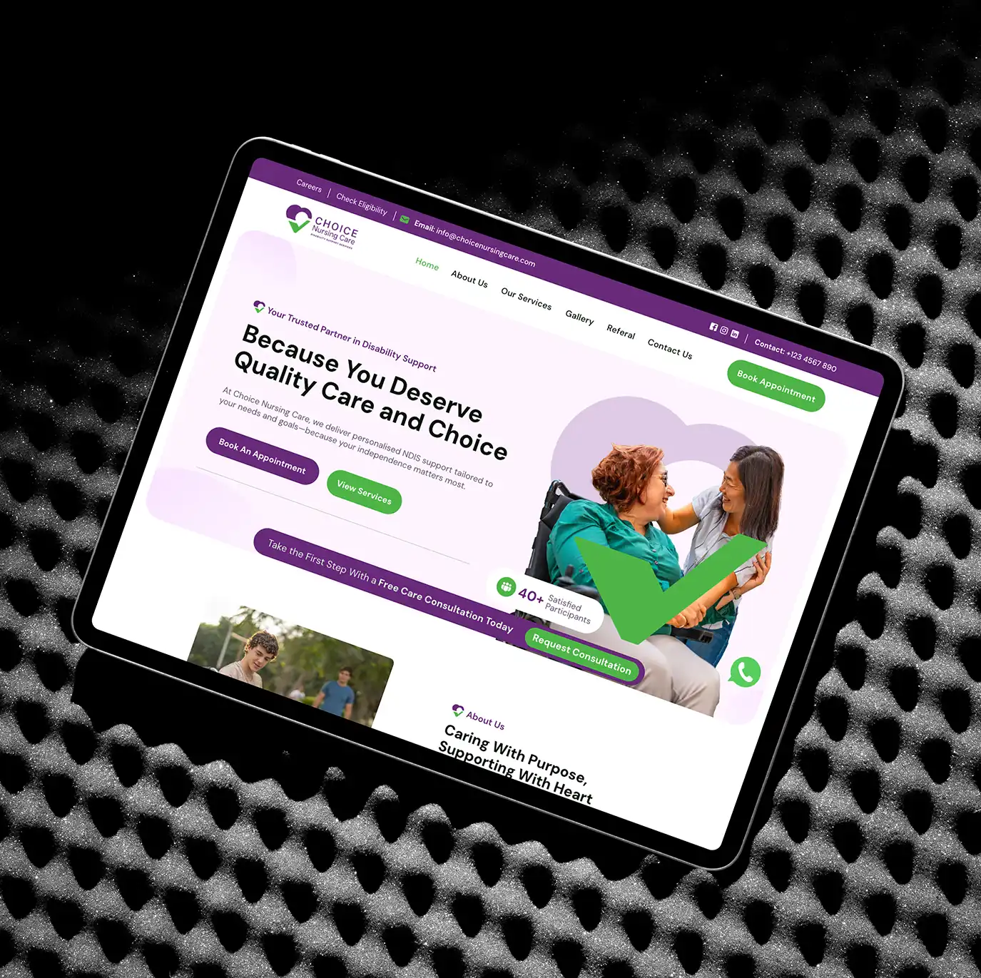 Choice Nursing Care website design with healthcare branding and user-friendly interface displayed on tablet device