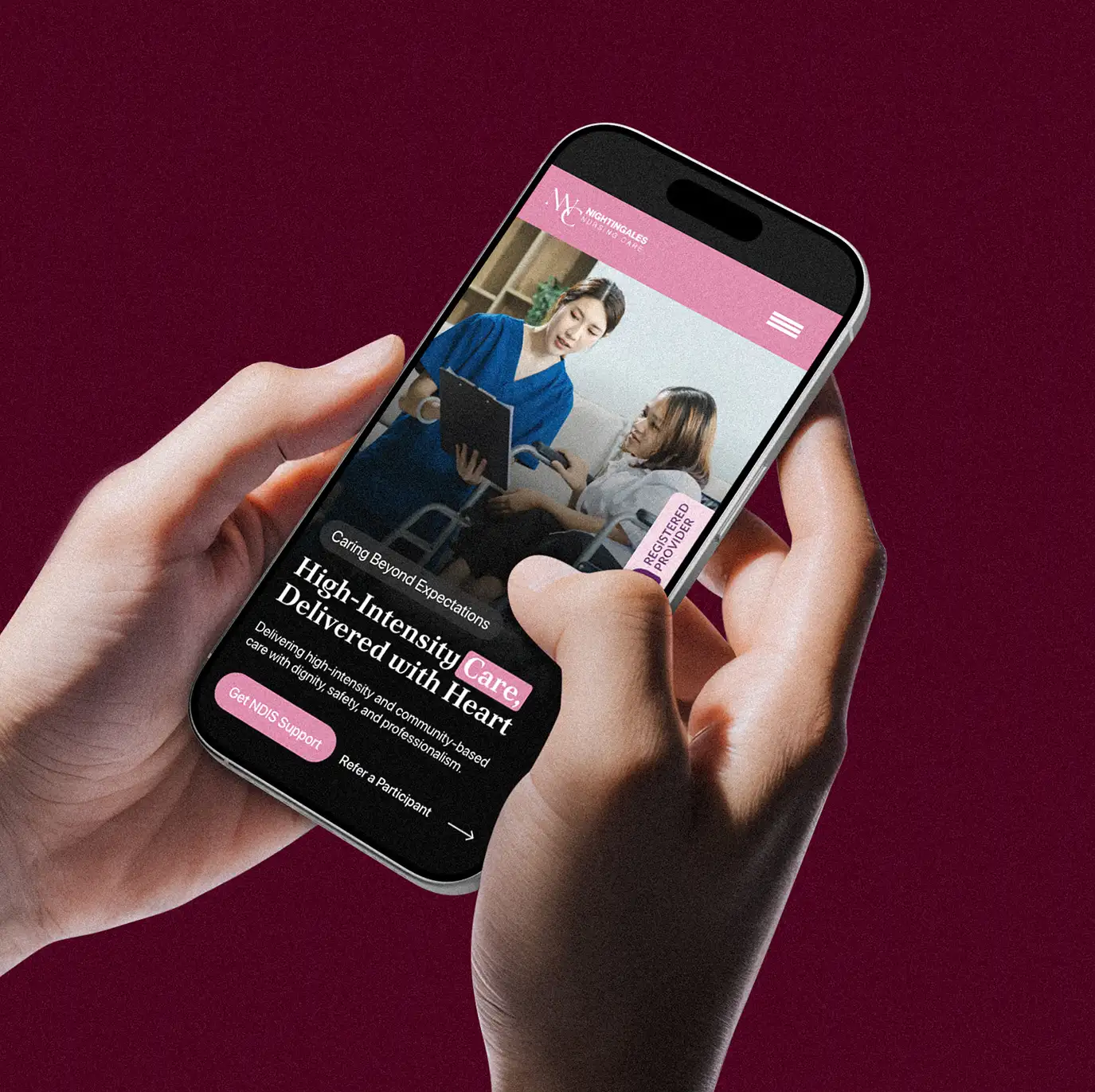 Nightingales Nursing Care website design on a smartphone highlighting healthcare services and user-friendly UI UX design